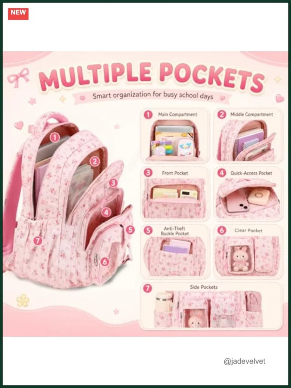 Multi-Compartment Backpack with Chest Strap, Side Pocket Fits 40 oz Tumbler,